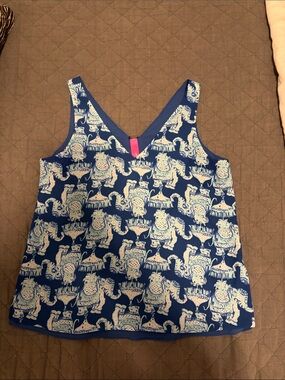 Lilly Pulitzer Navy Blue & Light Teal Elephant Print Top